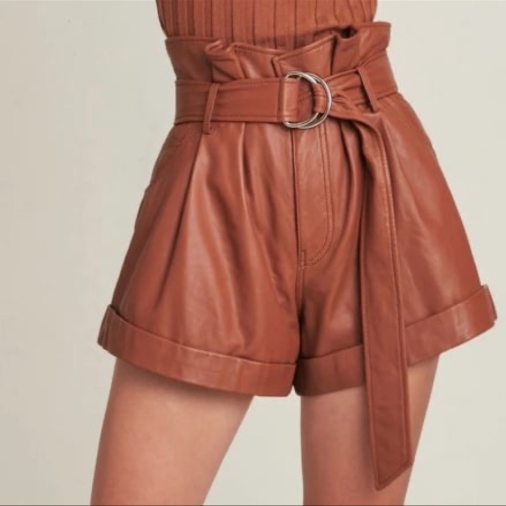 Marissa Webb High-Waisted DIXON PAPER BAG LEATHER SHORT IN SIENNA Small 4